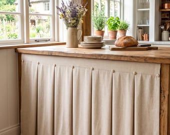 Jupe de meuble plissée en lin sur mesure avec boutons décoratifs, rideau de comptoir style ferme, cache-bar, jupe sous évier, rideau de cuisine
