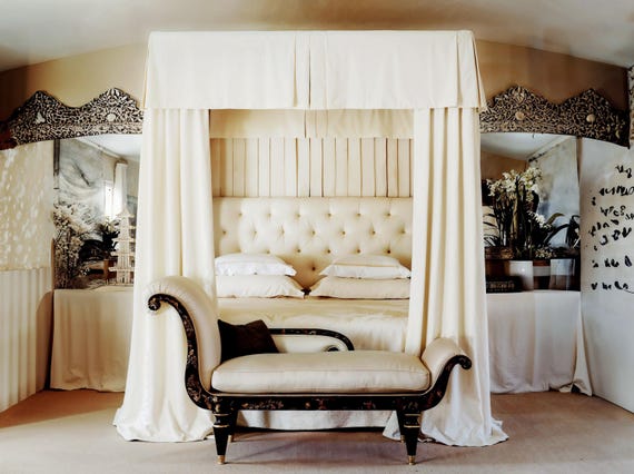White Linen Bed Curtains, Full-Coverage Bed Canopies with Tops and Drapes. Custom-Made Available for Any Beds