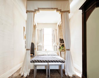 White cotton linen, handmade, solid color bed canopy, queen size bed canopy, exquisite bed canopy, bedroom decoration.