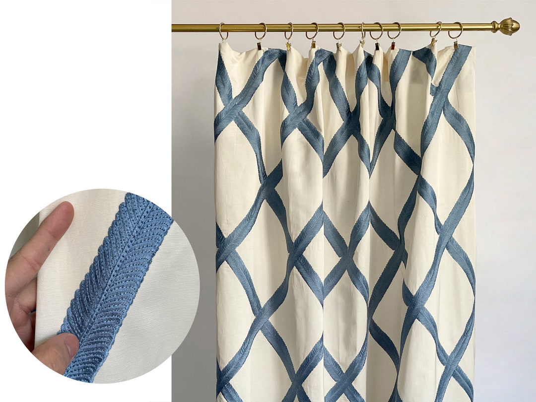 Designer Curtain Fabric, Blue Embroidered Pattern Curtains, Geometric