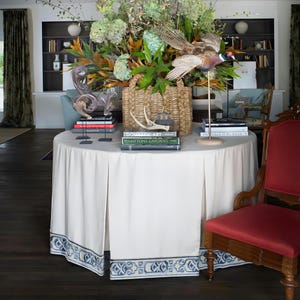Box-pleated White Linen Table Skirt with Patterned Ribbon, for Dinner parties