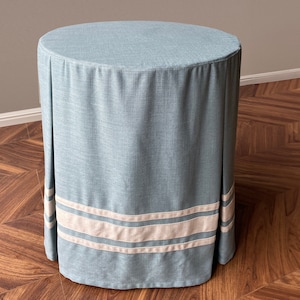 Pleated Baby Blue Table Skirt with White Border,Round Table Skirt,Linen Tableskirt,Fitted Custom Tablecloth, Customized Table Skirt