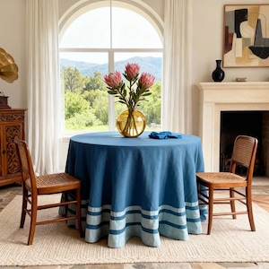 Blue Table Skirt with Ice Blue 3-layer Trims, Parties&Events Decor, Dinner Tablecloth