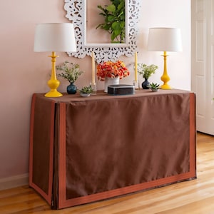 Rectangular Brown Table Skirt With Orange Decorative Ribbon,Cotton Table Covering,Pleated Cotton Linen Table Skirt,Customized Table Skirt