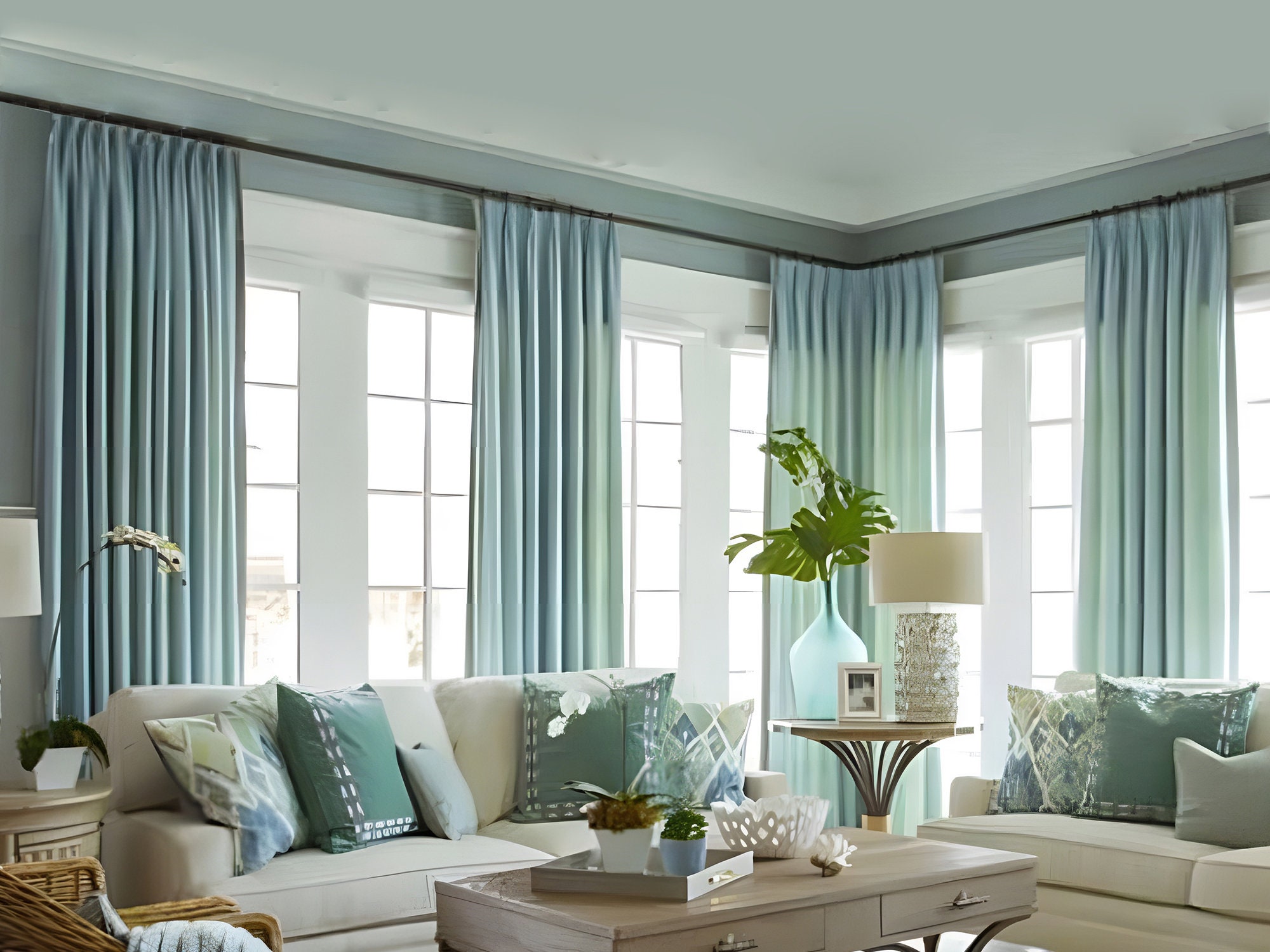 A Pair of Blue Silk Curtains That Can Be Customized to an Etsy