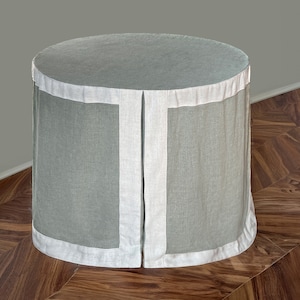 Pleated Grey Table Skirt with White Border,Round Table Skirt,Linen Tableskirt,Fitted Custom Tablecloth, Customized Table Skirt