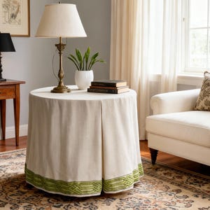 Box Pleated Linen Round Table Skirt with Green Trim, Custom-size Tablecloth