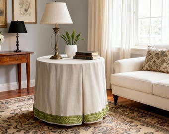 Box Pleated Linen Round Table Skirt with Green Trim, Custom-size Tablecloth