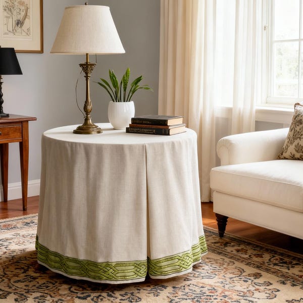 Box Pleated Linen Round Table Skirt with Green Trim, Custom-size Tablecloth