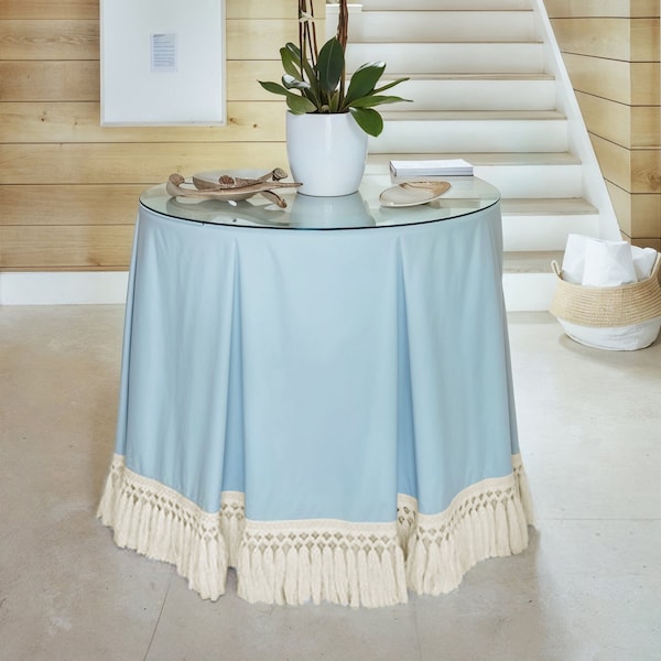 Custom Round Table Skirt,Pleated Baby Blue Table Skirt With Tassel,Table Covering,Stylish and Durable Decor,Living Room Decor