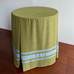 Pleated Yellow Table Skirt with Bule Border,Round Table Skirt,Linen Tableskirt,Fitted Custom Tablecloth, Customized Table Skirt