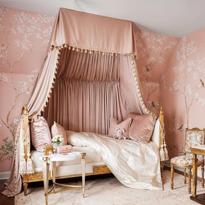 Cotton and linen bed curtains, pink flannel, handmade, queen size bed canopy, bedroom decoration bed decoration.