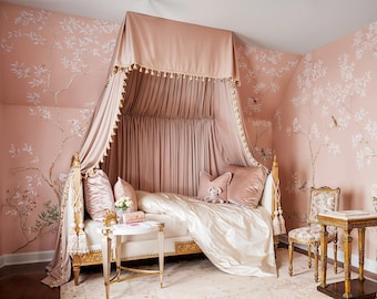 Cotton and linen bed curtains, pink flannel, handmade, queen size bed canopy, bedroom decoration bed decoration.