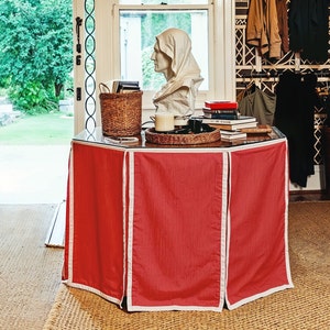 Red Polygon Table Skirt With White Ribbon,Cotton Table Covering,Pleated Orange Cotton Linen Table Skirt,Customized Table Skirt,Home Decor