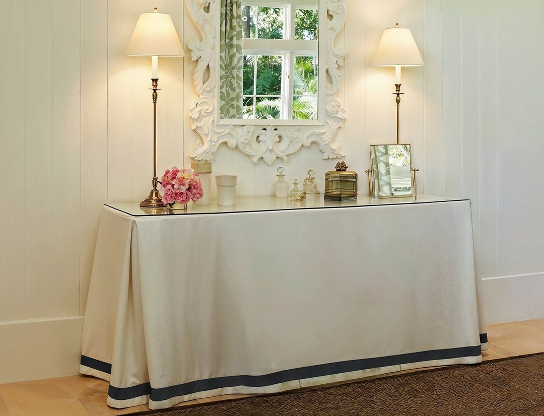 Rectangular Pleated White Tableskirt With Decorative Blue Ribbon,custom ...