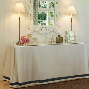 Rectangular Pleated White Tableskirt With Decorative Blue Ribbon,Custom Cotton Linen Table Skirt,Pleated Table Cover,Living Room Decor