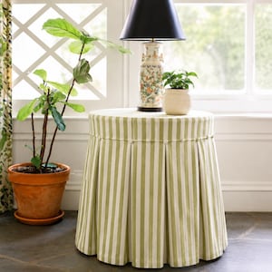 Pleated Sage Green Stripe Round Table Skirt, Custom Size Round Side Table Cover, Cottage Decor Tablecloth