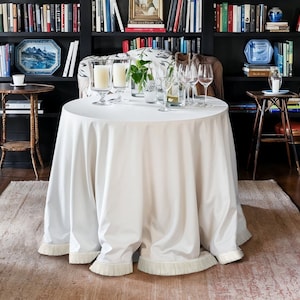 Traditional American Ivory-color Linen-poly Blend Table Skirt with Beige Tassel