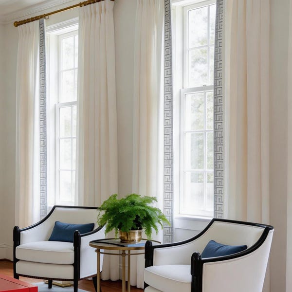 Cortinas de lino a medida totalmente opacas con cintas bordadas / Pliegues dobles / Forro opaco