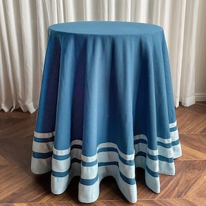 Pleated Ruffled Navy Table Skirt with Light Blue Border,Round Table Skirt,Linen Tableskirt,Fitted Custom Tablecloth, Customized Table Skirt