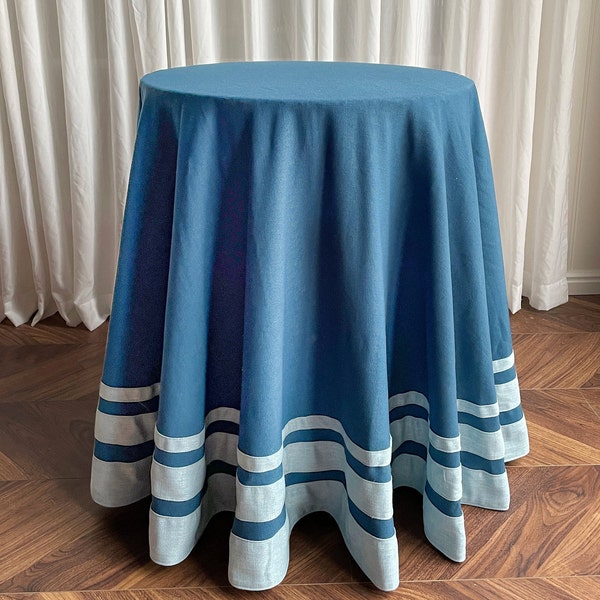 Pleated Ruffled Navy Table Skirt with Light Blue Border,Round Table Skirt,Linen Tableskirt,Fitted Custom Tablecloth, Customized Table Skirt