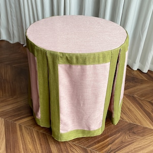 Pleated Pink Table Skirt with Yellow Border,Round Table Skirt,Linen Tableskirt,Fitted Custom Tablecloth, Customized Table Skirt