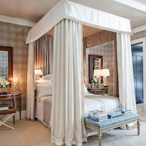 Handmade, white cotton and linen fabric, privacy partition curtains, blackout curtains, queen-size bed canopy.