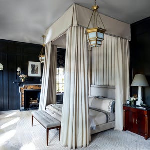 Handmade, home queen size bed canopy, solid color cotton and linen curtains, bed decoration.