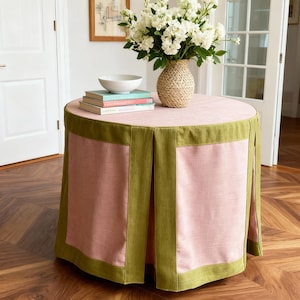 French County Box Pleated Pink Table Skirt with Green Border,  Custom Linen Tablecloth