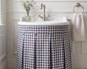 Custom Linen Sink Skirt with Buttons, Pleated Navy Blue Gingham Vanity Curtain, French Country & Cottagecore Velcro Sink Skirt