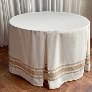 Pleated Off White Table Skirt with Beige Border,Round Table Skirt,Linen Tableskirt,Fitted Custom Tablecloth, Customized Table Skirt