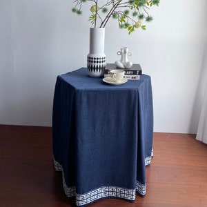 Polygon Table Skirt,Pleated Blue Cotton Linen Table Skirt with Trim,Cotton Table Covering,Customized Table Skirt,Home Decor