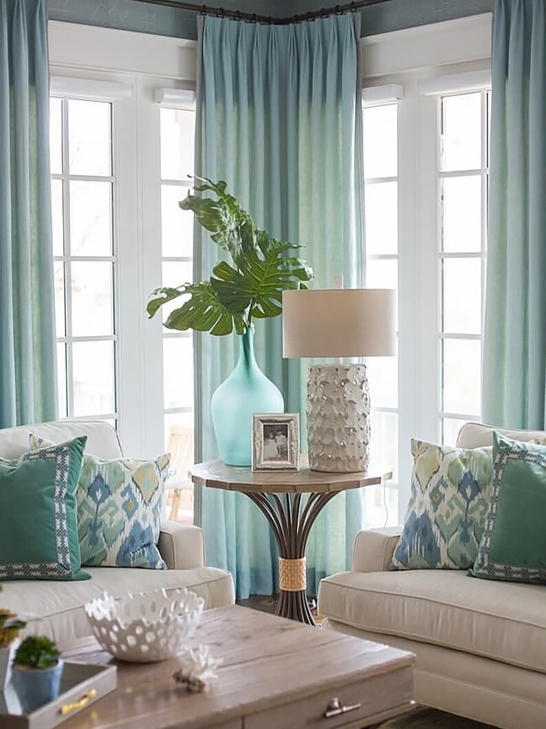 A Pair of Blue Silk Curtains That Can Be Customized to an Etsy