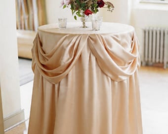 Gold Champagne Satin Tablecloth | Elegant Floor Length Round Table Cover for Wedding Reception | Draped Satin Table Linen