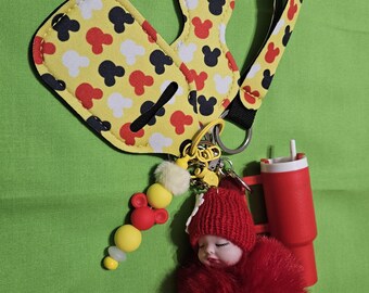 Mickey-Inspired Yellow Wristlet Keychain Set – Lip Balm Holder, Plush Doll, and Beaded Charm