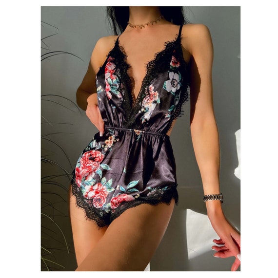 Floral Print Lace Trim Satin Teddy Bodysuit Etsy