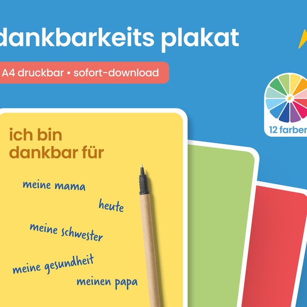 Minimalistisches Dankbarkeitsposter - 30-Tage-Gewohnheit für Kinder & Familie, 12 Farben, Sofort-Download - Deutsche Version