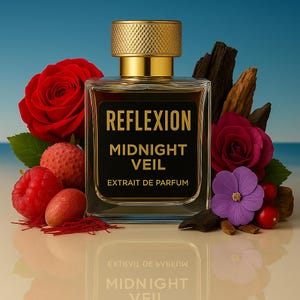 May include: A square perfume bottle with a gold cap and a black label that reads "REFLEXION MIDNIGHT VEIL EXTRAIT DE PARFUM." The bottle is surrounded by red roses, raspberries, and a purple flower. The background is a gradient of blue and white.