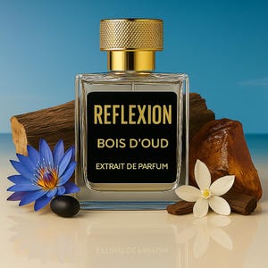 Puede incluir: Un frasco de perfume rectangular con tap&oacute;n dorado y el texto "REFLEXION BOIS D'OUD EXTRAIT DE PARFUM" en una etiqueta negra. Rodeado de una flor azul, una flor blanca, trozos de madera y una piedra negra.