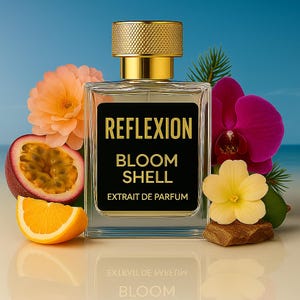 May include: A square perfume bottle with a gold cap and a black label that reads "REFLEXION BLOOM SHELL EXTRAIT DE PARFUM." The bottle is surrounded by orange and pink flowers, a passion fruit half, and an orange slice.