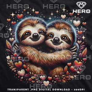 May include: Two sloths hugging each other with a heart-shaped background of stars and hearts. The sloths are brown and have big, black eyes. The background is black.