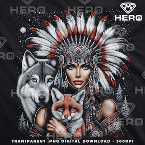 May include: A woman with long dark hair wearing a colourful headdress with feathers and beads, holding a wolf and a fox. The background is a dark blue with stars.