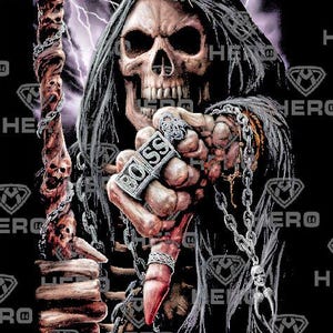 May include: A skeletal figure wearing a black hooded robe and holding a chain with a skull pendant. The figure is pointing with its skeletal hand, which has a ring with the word "BOSS" on it.
