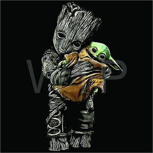 Baby Groot  Holding Baby Yoda Groot Cartoon Bundle PNG Artwork Yoda wrapped in brown satchel png download for dark garments