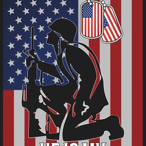 May include: A black silhouette of a soldier kneeling with a rifle, against a red, white, and blue American flag background. The text "He is not just a soldier, he is my uncle" is printed below the image.