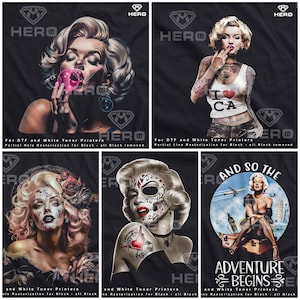Peut inclure: Quatre designs différents mettant en scène une illustration en noir et blanc de Marilyn Monroe. Chaque design a un thème différent, notamment une Monroe soufflant une bulle, une Monroe avec un tatouage, une Monroe avec un crâne de sucre et une Monroe avec une valise. Le texte "HERO" apparaît dans le coin supérieur droit de chaque design.