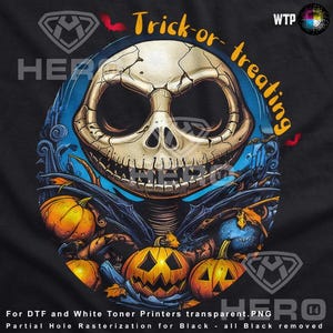 May include: A black t-shirt with a graphic of Jack Skellington from The Nightmare Before Christmas. The graphic features Jack Skellington's face with a blue background and pumpkins in the foreground. The text "Trick-or-treating" is written in yellow around the graphic.