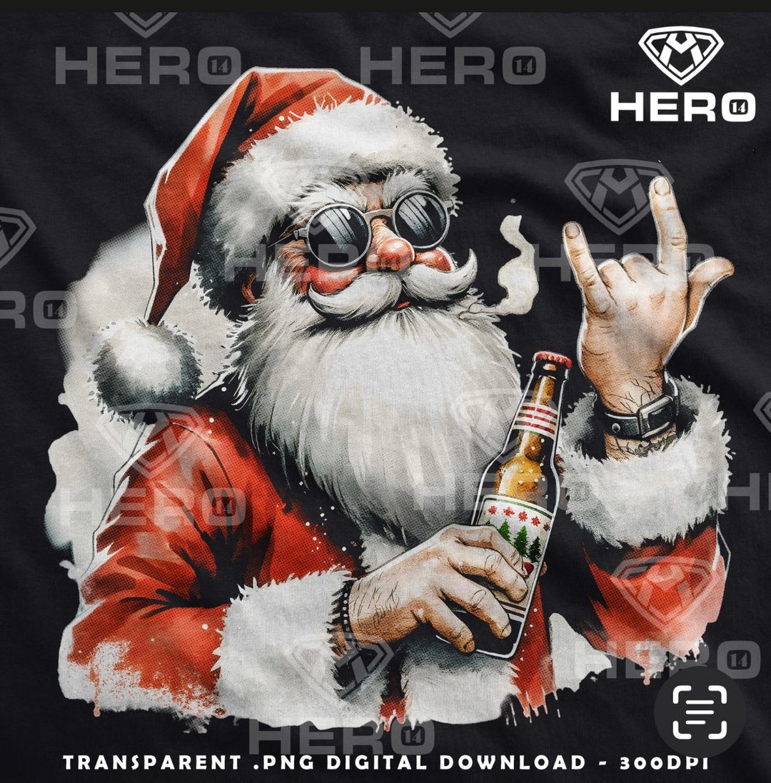 Cheerful Santa With Sunglasses & Beer PNG Dark Shirts Jolly Santa ...