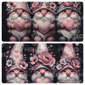 Peut inclure: Quatre gnomes avec des chapeaux roses et des barbes blanches tenant des cœurs roses. Les gnomes portent des couronnes de fleurs et des chapeaux à pois roses et blancs. L'arrière-plan est noir.