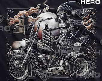 Biker Skull Rider with Beanie and Cigar Unique Gangster PNG Download Full Moon and Prison Design digital download for dark garments